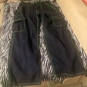 HT Denim Black & Green Stitch Hi-Rise Carpenter Pants